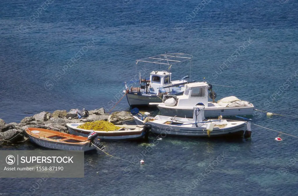 Greece, island Rhodes, Charaki, Bay, rocks, fisher boats,   Dodekanes, Mediterranean island, sea, boats, anchor,  Symbol, haul, fishery,
