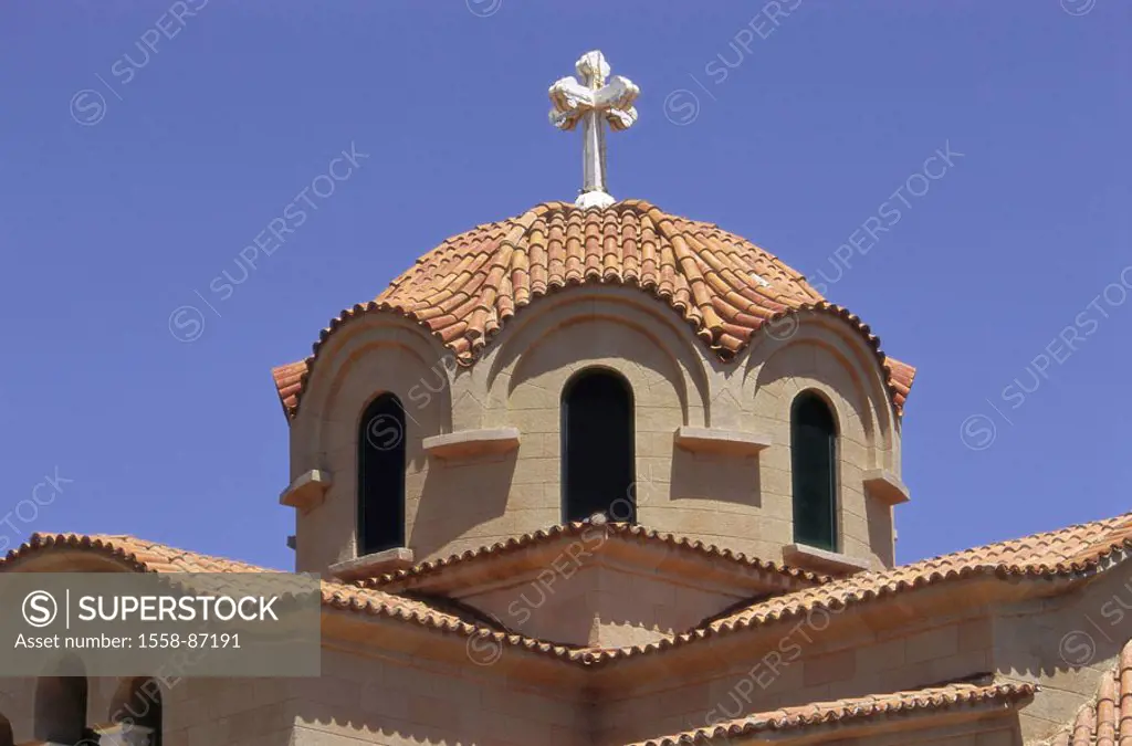 Greece, island Rhodes, Faliraki,    Dodekanes, Mediterranean island, parish church, round dome, dome, architecture, Byzantine, sight, destination, tou...