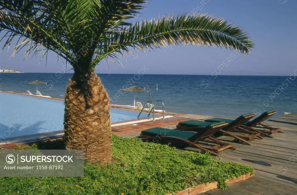 Greece, island Rhodes, Ixia,  Pool installation, palm, sea gaze,   Dodekanes, Mediterranean island, pool, Swimmingpool, plant, tree, deck chairs, gaze...