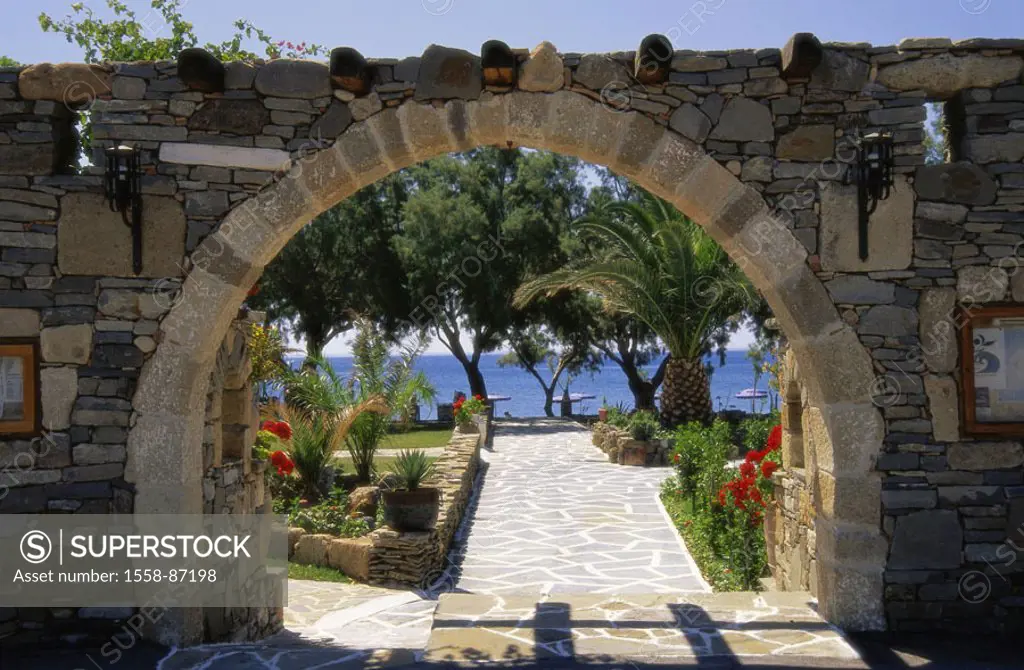 Greece, island Rhodes, Kiotari,  Grounds, stone bow, sea gaze,   Dodekanes, Mediterranean island, park, garden, Steinmauer, Wall, gate, archway, human...