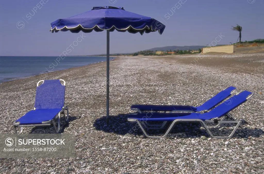 Greece, island Rhodes, Kiotari,  Gravel beach, parasol, deck chairs,   Dodekanes, Mediterranean island, beach, beach,  Beach decumbences, umbrella, bl...