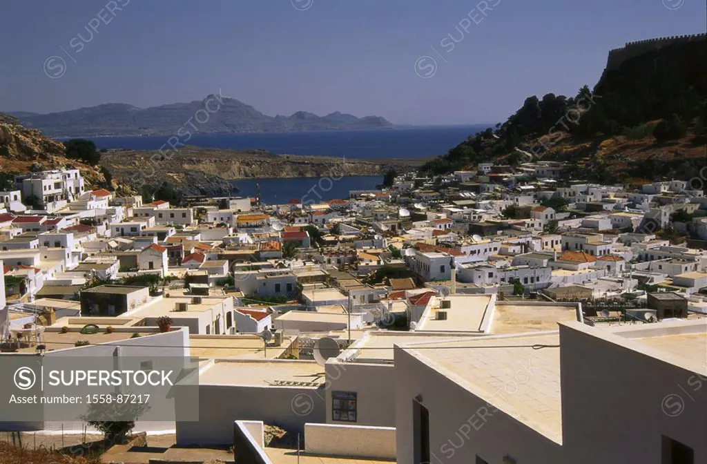 Greece, island Rhodes, Lindos,  view over the city  Dodekanes, Mediterranean island, coast, residences,  Houses, residences, rise, Burgberg, acropolis...