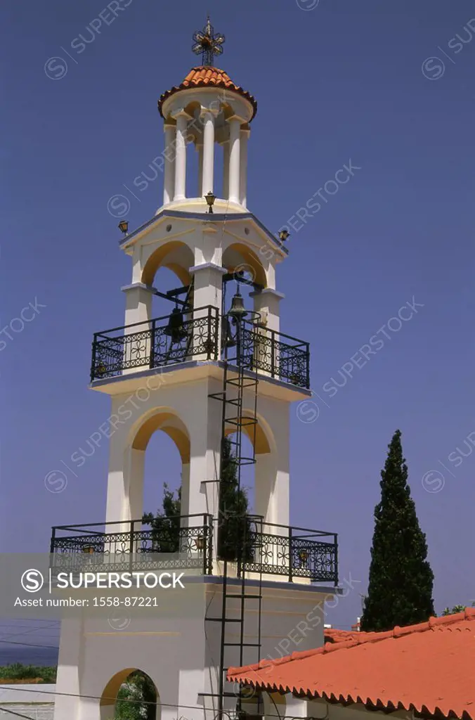 Greece, island Rhodes, Mandriko, Church, detail, belfry,   Dodekanes, Mediterranean island, parish church, chapel, Steeple, tower, bells, sight, Desti...