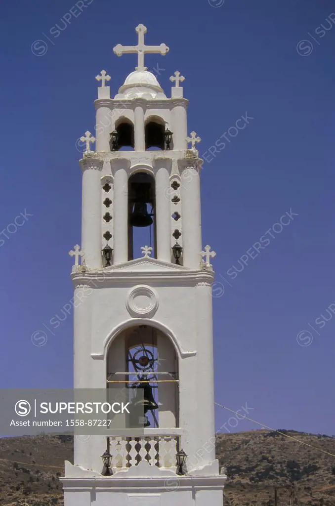 Greece, island Rhodes, Malona,  Church, detail, steeple,   Dodekanes, Mediterranean island, white sight parish church, belfry, tower, crossed, archite...