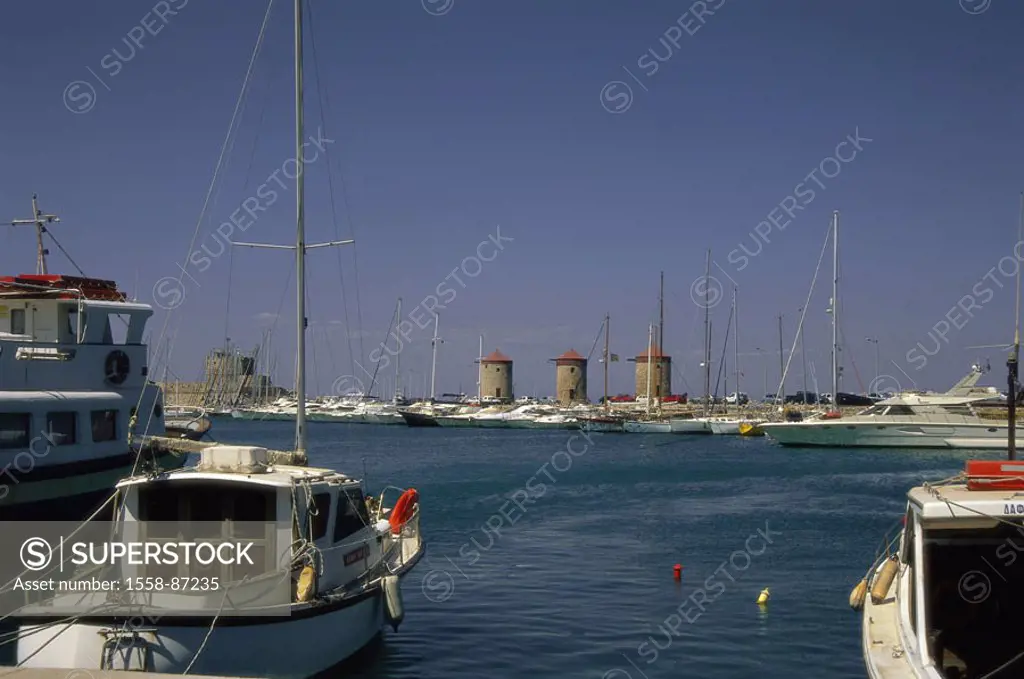 Greece, island Rhodes, Rhodos-Stadt, Harbor pier, windmill, docks, Boats,  Dodekanes, Mediterranean island, Mandraki-Hafen, Mandraki, harbor, ships, f...