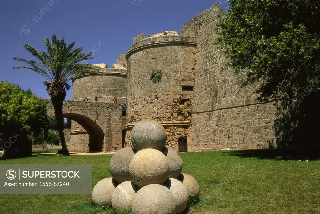 Greece, island Rhodes, Rhodos-Stadt, old town, fortress, meadow, stone cannonballs,   Dodekanes, Mediterranean island, big master palace, castle, Cons...