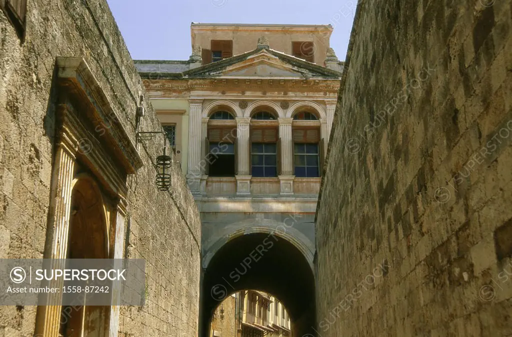 Greece, island Rhodes, Rhodos-Stadt, old town, alley, archway, detail,   Dodekanes, Mediterranean island, buildings, facades,  Side street, passageway...