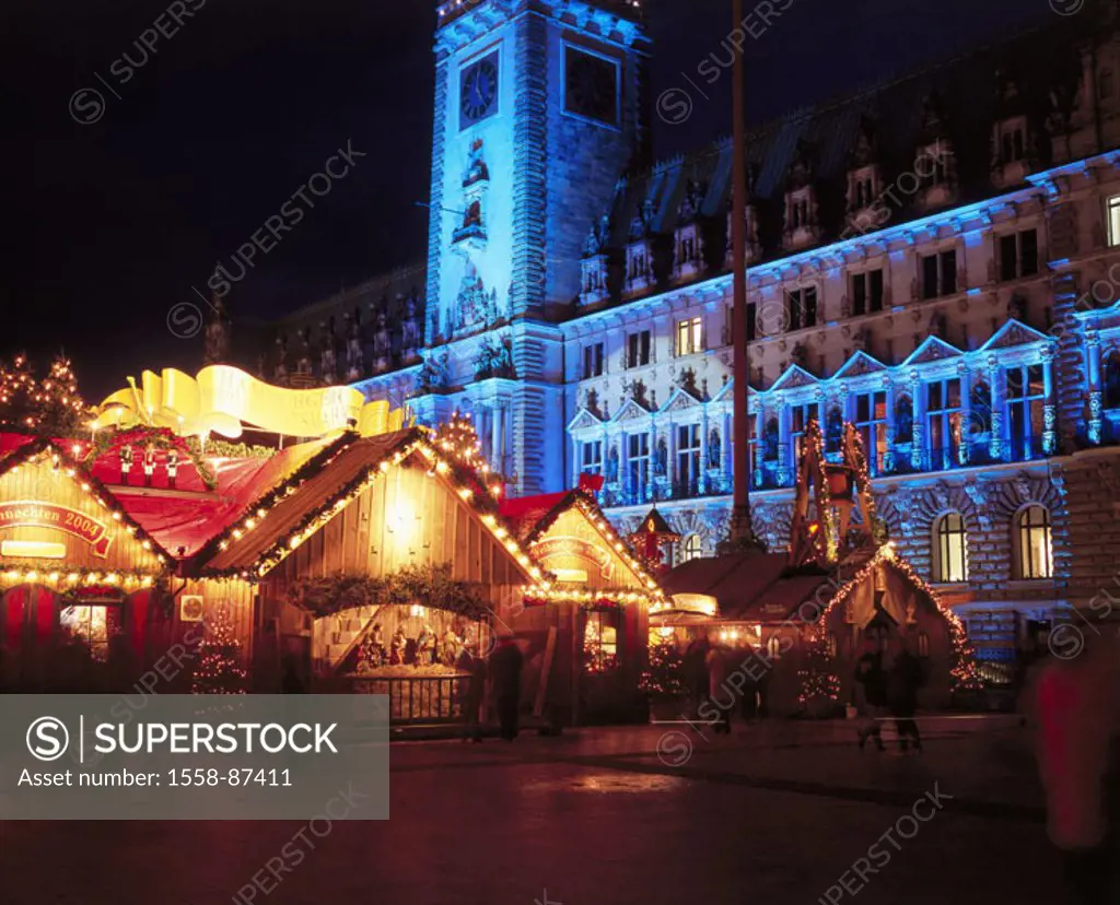 Germany, Hamburg, town hall,  Christmas market, illumination, evening,   Northern Germany, Hanseatic town, town hall place, town hall buildings, detai...