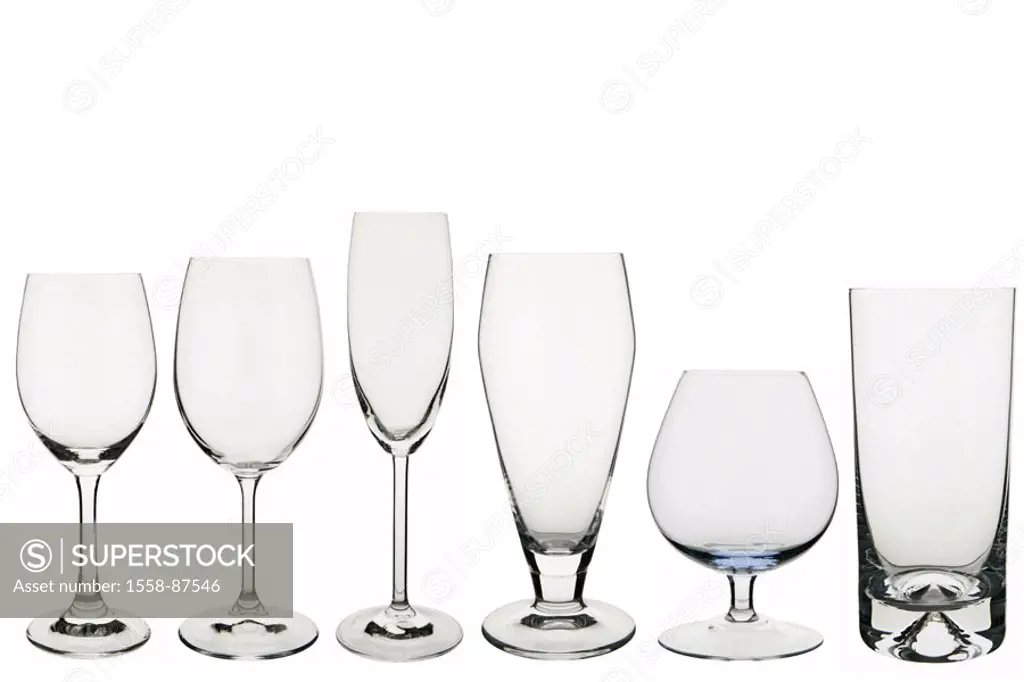 Tumblers, different, empty,  side by side,   Series, glasses, beverage glasses, wine glasses, champagne glass, beer glass, Cognacglas, Cognacschwenker...
