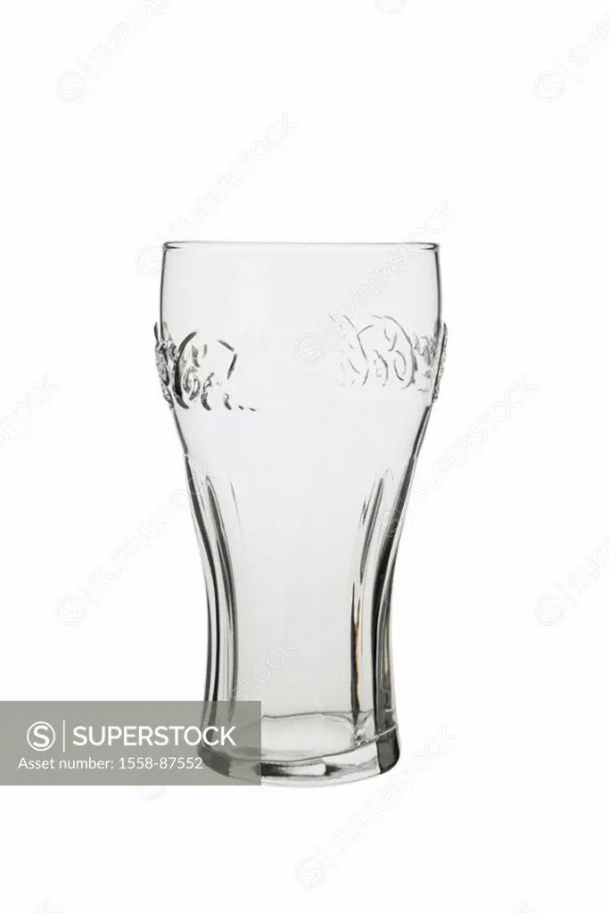 Soda glass, empty,    Series, glass, beverage glass, Coca-Cola glass, coke glass, soda glass, tumbler, new, unused, glass, drunk up transparently, cel...