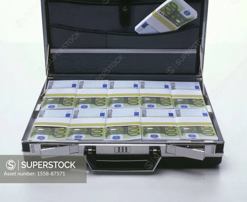 Suitcases, opened, bills, Euro,  focused  Series, money suitcases, Euro appearances, money, bills, money bundle, unit currency, currency unit, means o...