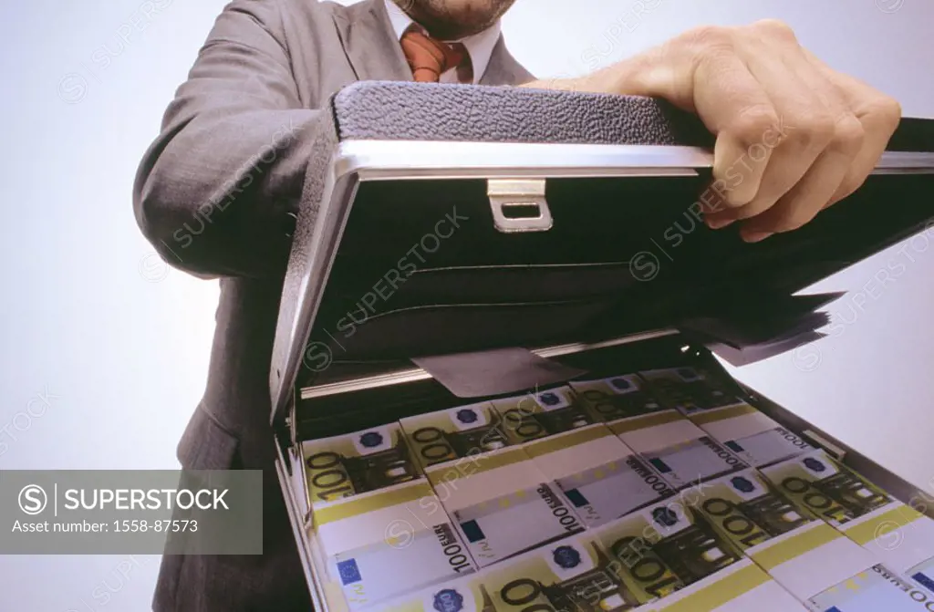 Man, suitcases, holding, opened, bills,  Euro, focused, detail  Series, money suitcases, Euro appearances, money, bills, money bundle, means of paymen...