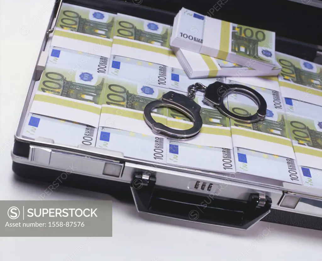 Suitcases, opened, bills,  Euro, focused, handcuffs,   Series, money suitcases, Euro appearances, money, bills, money bundle, means of payment, hundre...