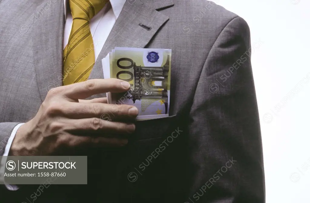 Man, detail, suit, money bundle,  pockets,   Businessman, business, shops, success, successfully, money transactions, bills, hundred Euro appearances,...