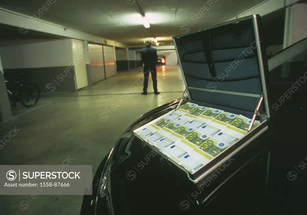 Park garage, car, cowling, suitcases,  Bills, man, view from behind,   Series, parking garage, venue, shops, trade, money transactions, money suitcase...