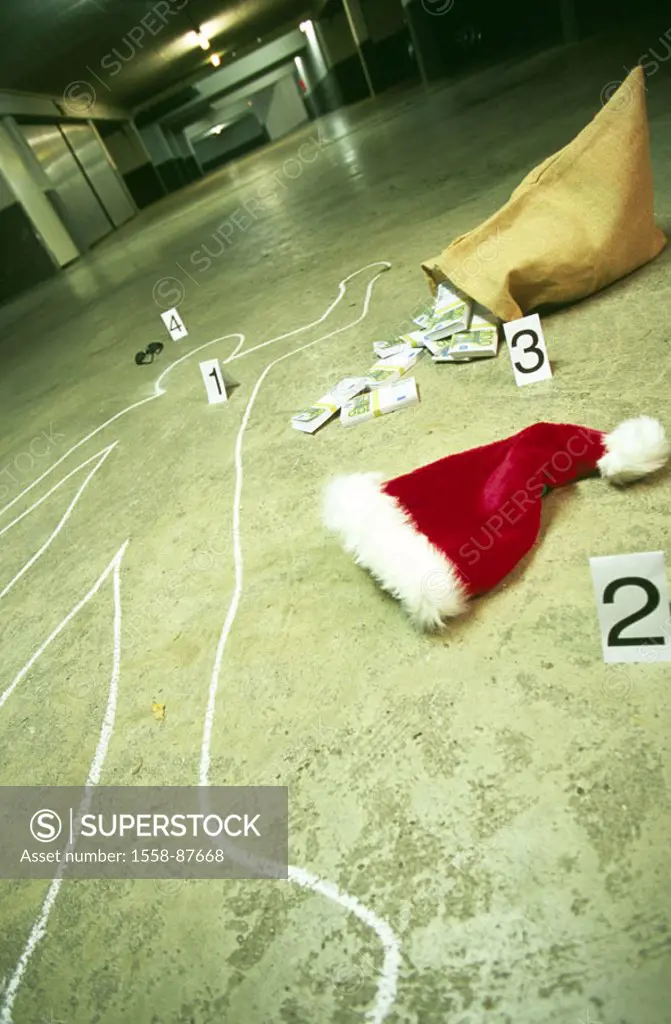 Park garage, sack, bills,  Christmas cap, trace protection,  Victims, outline, drawing,  Series, parking garage, holdup, robbery, loot, money, moneyba...