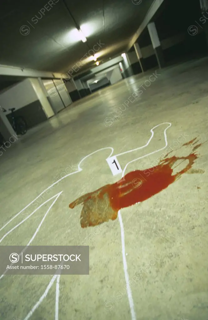 Park garage, trace protection, victims,  Outline, drawing, blood,   Series, parking garage, dangerously, crime, murder victims, murder, death, chalk o...