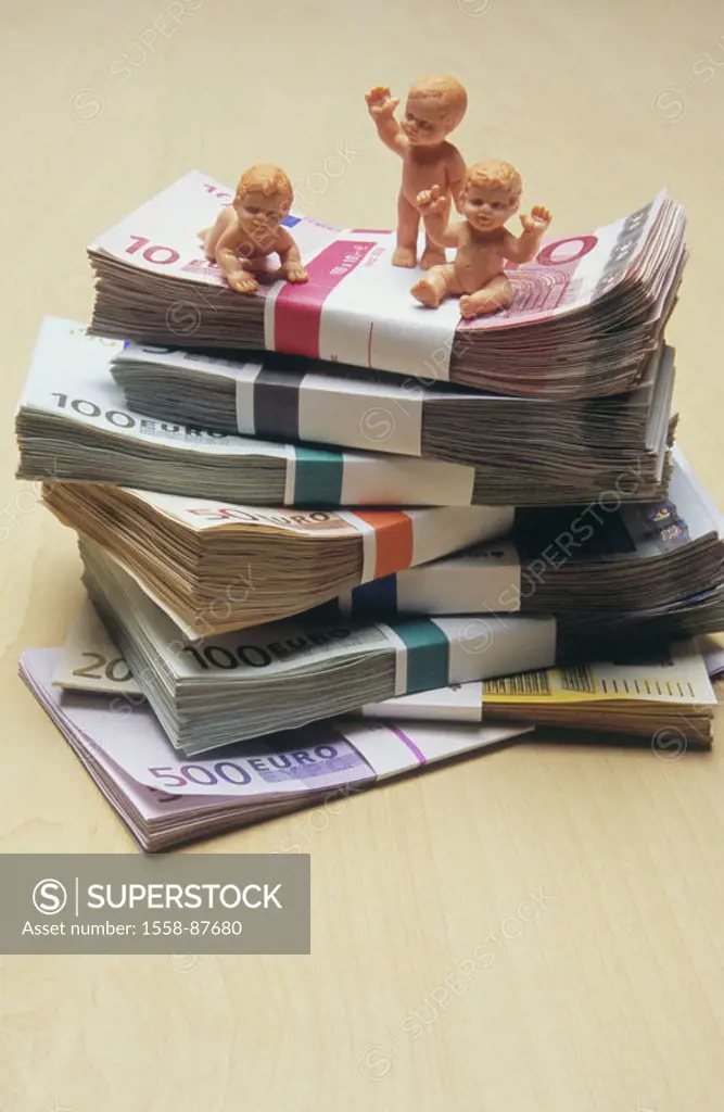 Money bundle, Euro appearances, toy figures,  Babies,   Money, Euro, bills, focused, figures, children, concept, provision, pension, child allowance, ...