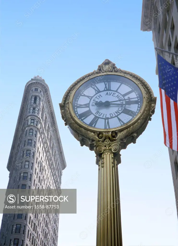 USA, New York city, Manhattan, Flatiron Building, column, clock, detail,   North America, metropolis, city, 5th Aves, high-rise, skyscrapers, built la...