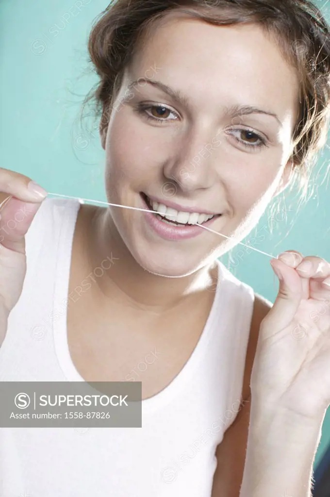 Woman, young, dental floss, smiling,  Cleaning, tooth gaps, portrait,  truncated,  Series, women portrait, 20-30 years, cheerfully, naturalness,  Teet...