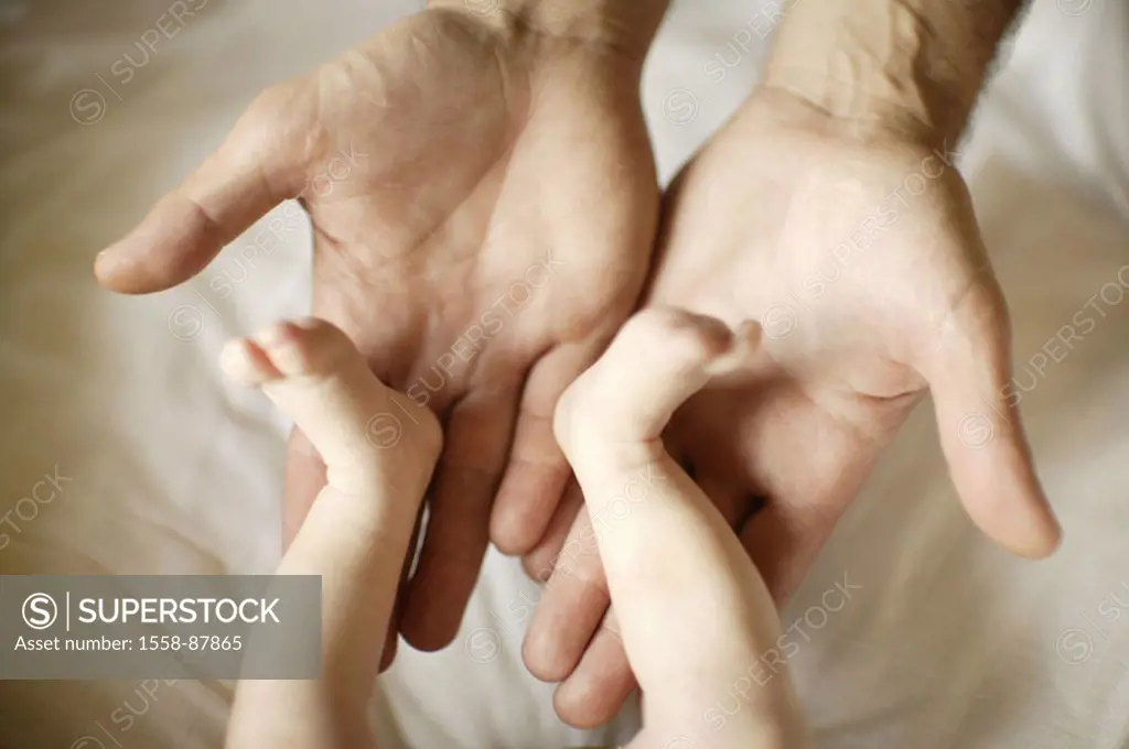 Men´s hands, baby feet,    Man, father, detail, hands, paternity, welfare, touch, body contact, security, child, offspring, baby, infant, small, minut...