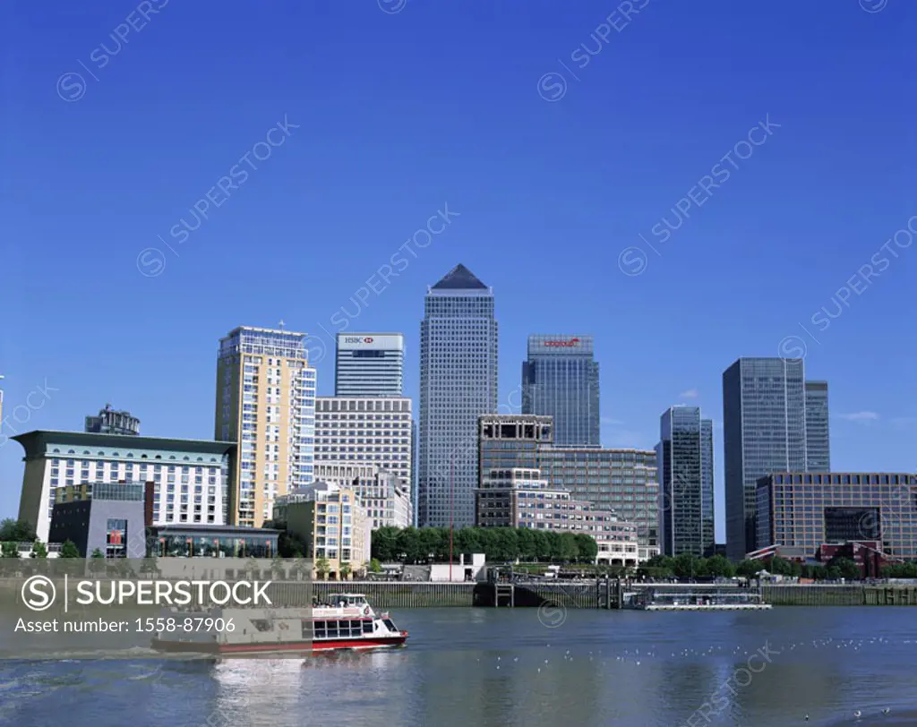 Great Britain, England, London,  Dock country, Canary Wharf, skyline,  Thames, trip boat,  Series, capital, ehem.  Waterfronts, river, business quarte...