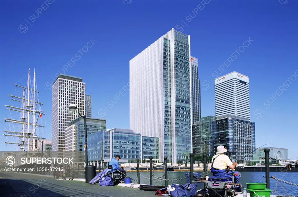 Great Britain, England, London, Dock country, skyline, promenade, Anglers, view from behind, , Series, capital, river, Thames, business quarters, buil...