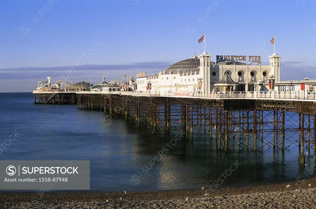 Great Britain, Sussex, Brighton,  Brighton pier, restaurant,   England, Seepromenade, beach, Palace pier, 1891-99, bridge, Seebrücke, buildings, sight...