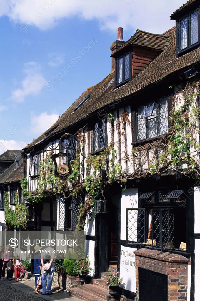 Great Britain, Sussex, Rye,  Mermaid Street, Mermaid-Inn,  Tourists, summer,  England, row of houses, timbered houses, buildings, Architecture, timber...