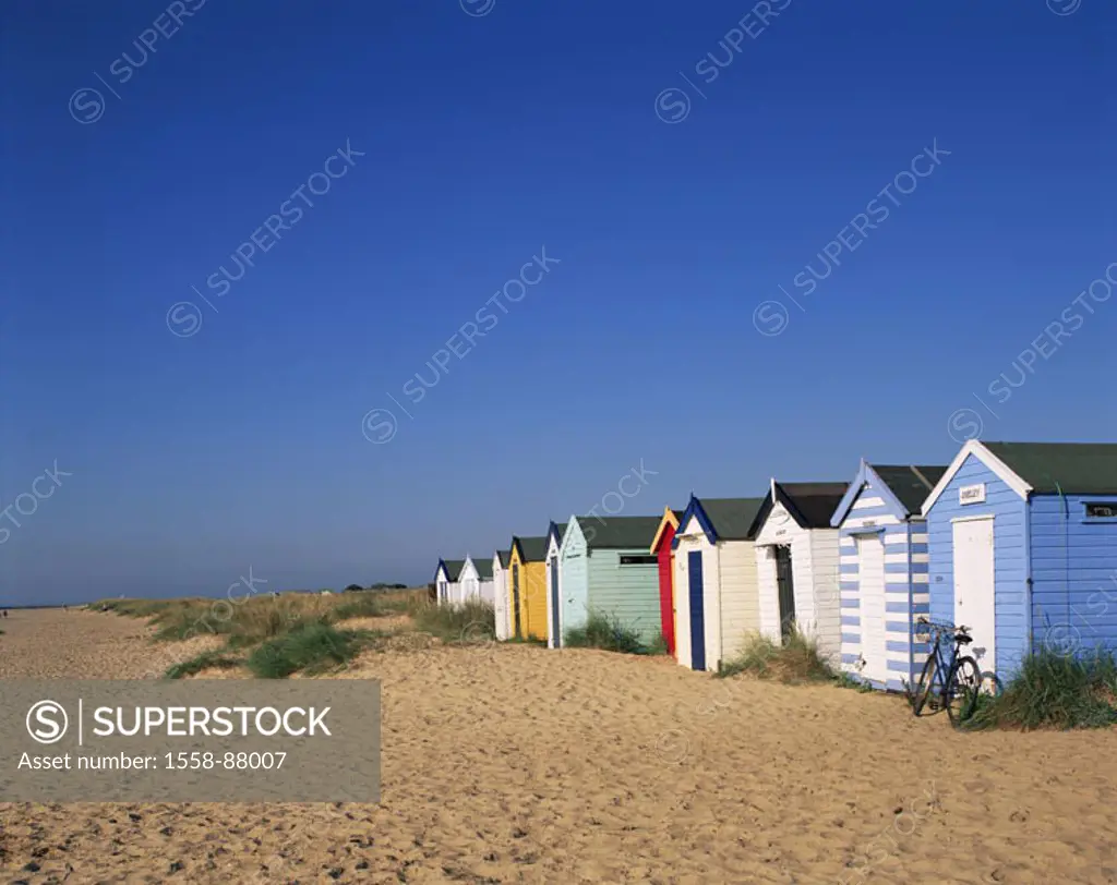 Sandy beach, beach houses, colorfully,  human-empty,   Beach, sand, wood cottages, pussy, nobody, abandoned, silence, silence symbol vacation leisure ...
