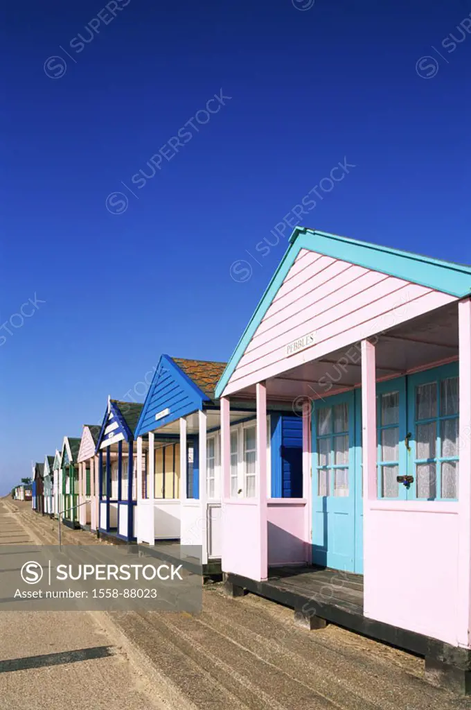 Great Britain, Suffolk, Southwold, Beach cottages, side by side,   Series, beach, beach houses, wood cottages, colorfully,  pussy, abandoned, locked, ...
