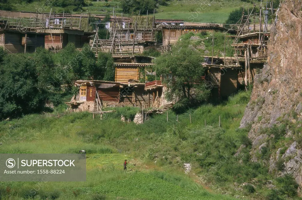 China, province Sichuan, skyline,    Asia, Eastern Asia, place, framehouses, Holzbauweise, houses, residences, field, agriculture, farmers, field work...