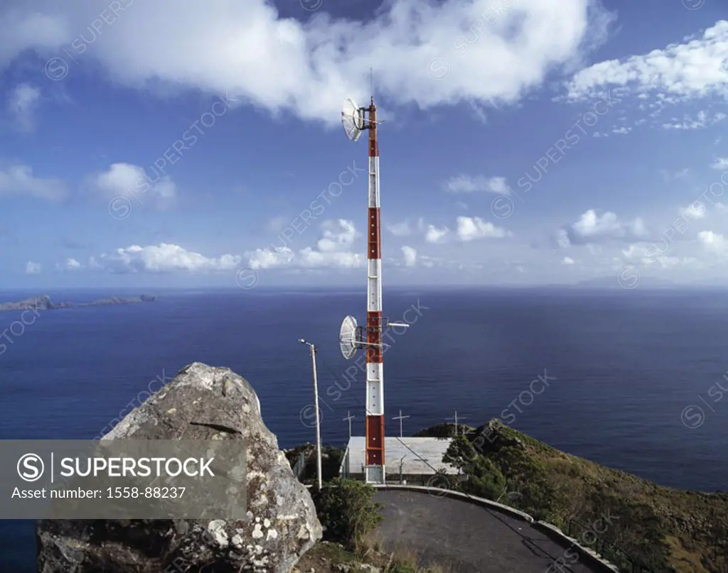 Portugal, island Madeira, coast, Funkmast, Sea,  Rock coast, communication, Sendestation, Sendemast, radio, radio communication, parabolic antenna, ra...