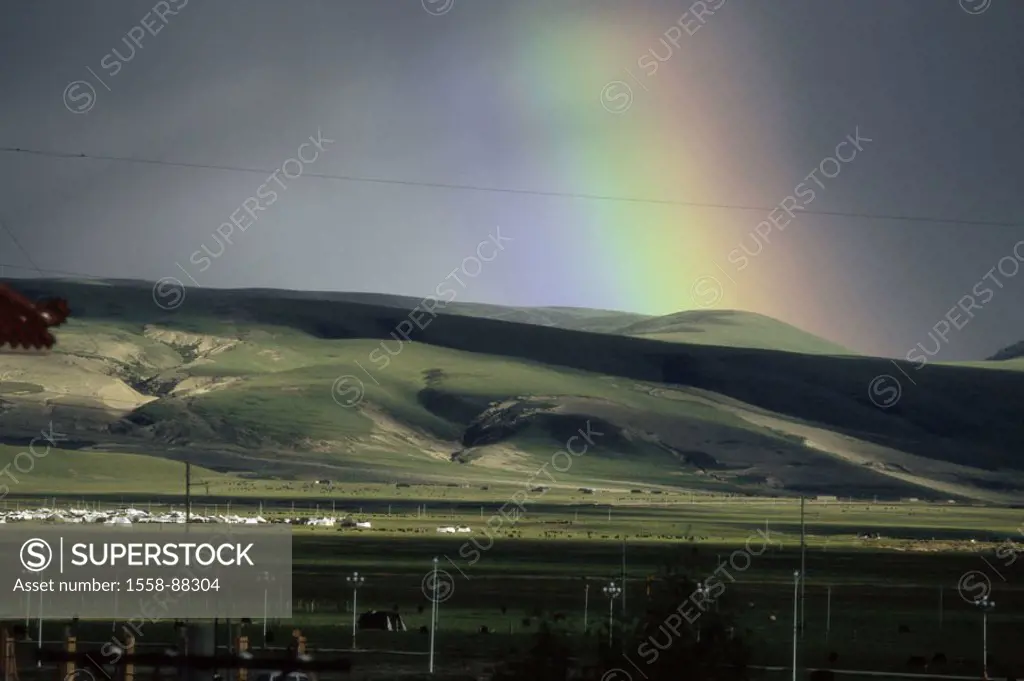 China, province Sichuan, Litang,  Camps, landscape, rainbow,   Asia, Eastern Asia, wideness, distance, meadows, pastures, hills, nature appearance, he...