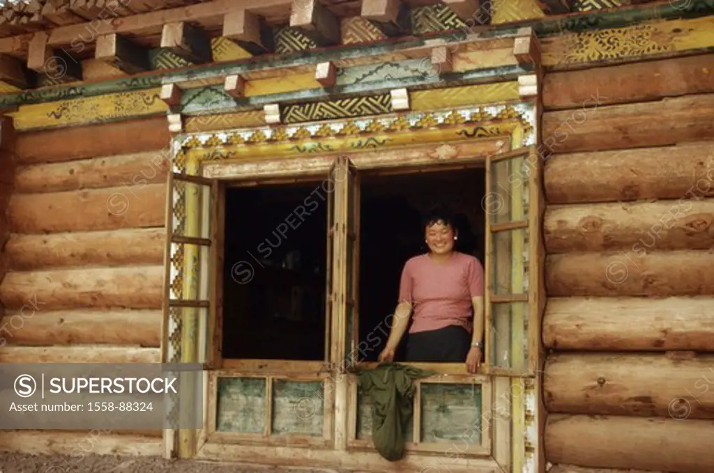 China, East Tibet, Qamdo, residence, Detail, windows, woman, young, smiling, , Asia, Eastern Asia, Tibet, buildings, construction, house, framehouse, ...