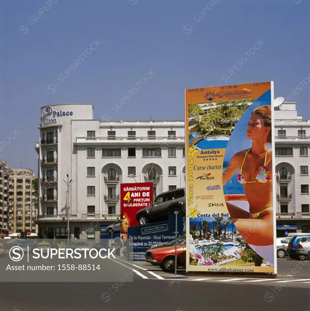 Romania, Bucharest, Piata Revolutiei,  Palace Hilton hotel, poster,   Europe, southeast Europe, Balkans, capital, city center, hotel buildings, parkin...