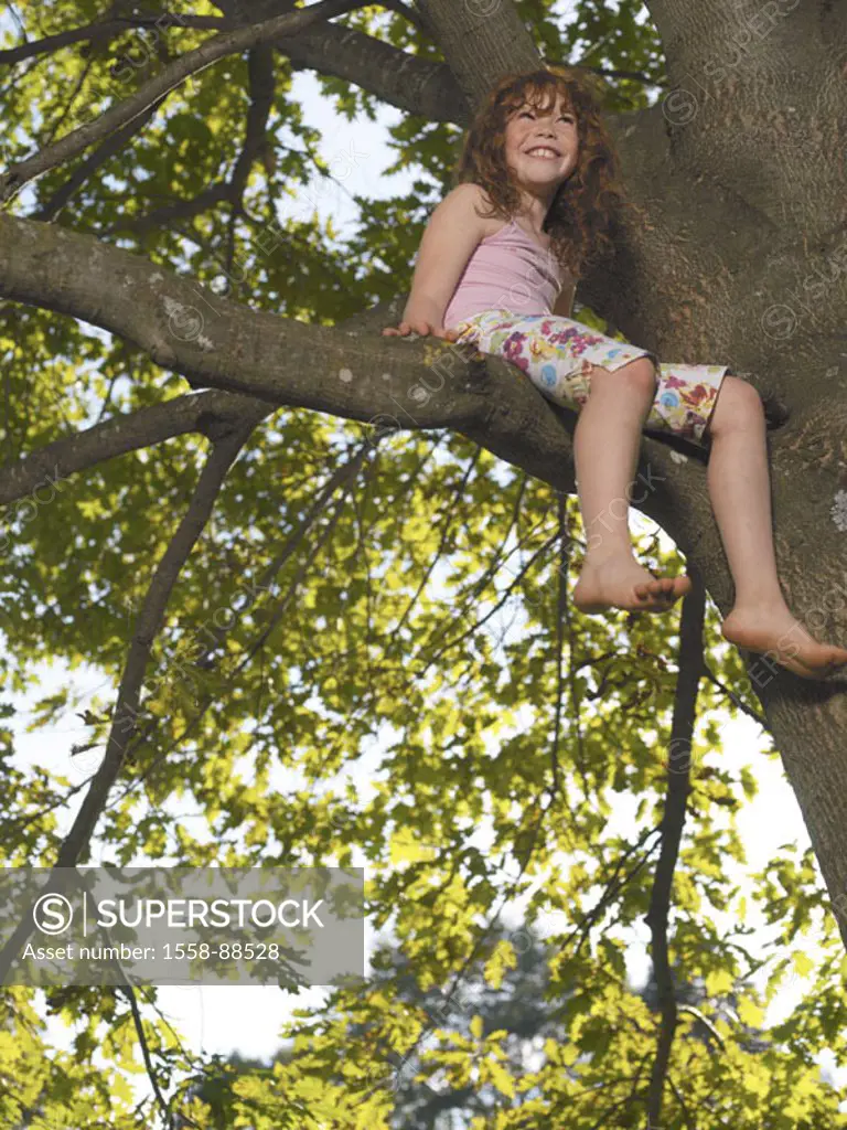 Tree, oak, child, girls, nakedfoot, cheerfully, sitting, branch, ´Hochsitz´,  summer, Vacation, summer vacation, vacation, summer vacation, leisure ti...