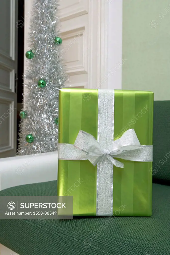 Living space, sofa, green, gift,  Background, Christmas tree silver,   Series, living rooms, seat, packet, Christmas gift, surprise, Christmas tree, u...