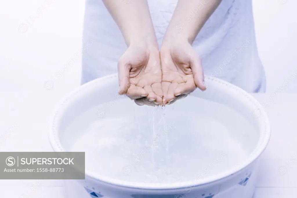 Water bowl, women hands,  Water, scoops,   Woman, detail, hands, bowl, Händewarechen, warehes tidiness, purity Beauty care, is in the habit of, been i...