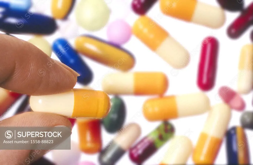 Medicine, medications, pills, variety,  Woman, detail, fingers, capsule, holding,   Pill, pills, differently, mixed, colorfully, remedies, medicine, d...