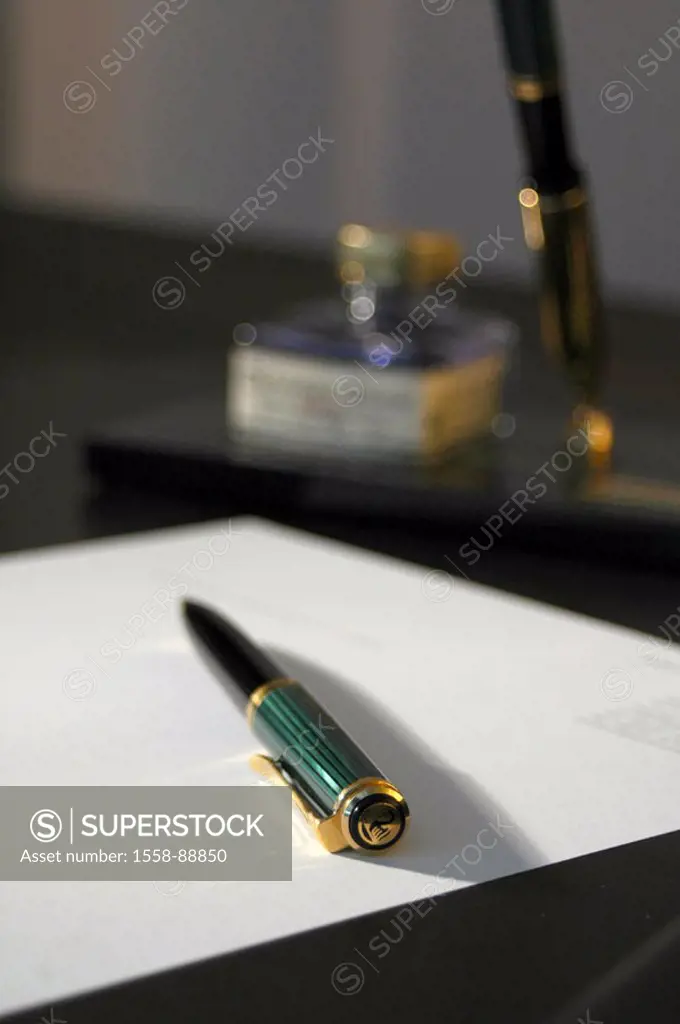 Desk, sheet of paper, ballpoint pens,    Office, document, stationery, filling holders, fountain pens, inkwell, symbol, handwriting, by hand, writes, ...