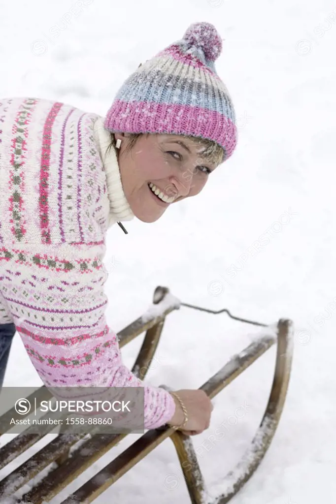 Wood sleighs, woman, rope sweaters,  Cap, laughing, portrait, winters,   Series, 20-30 years, gaze camera, Norwegian sweaters, winter sweaters, rope c...