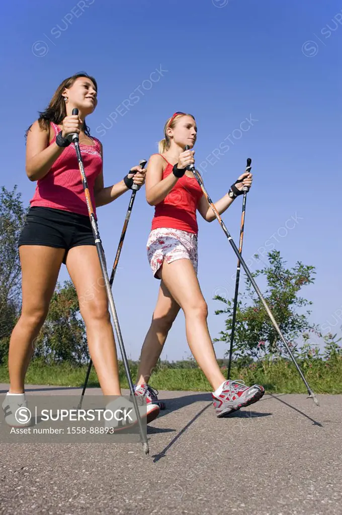 Women, young, Nordic Walking, movement,    17-20 years, girls, teenager, sportswomen, friends, shorts, sticks, completely use, sport, activity, fitnes...