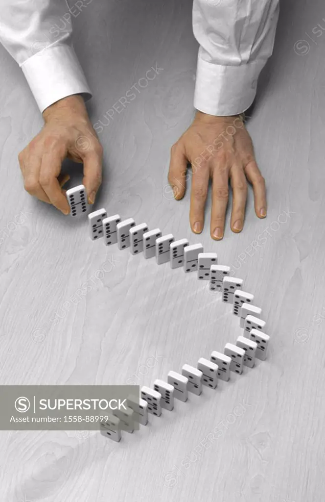 Businessman, detail, hands,  Dominos, installation, consecutively,   Man, business, floor, boredom, idea finding, strategy, precision, precision, sile...
