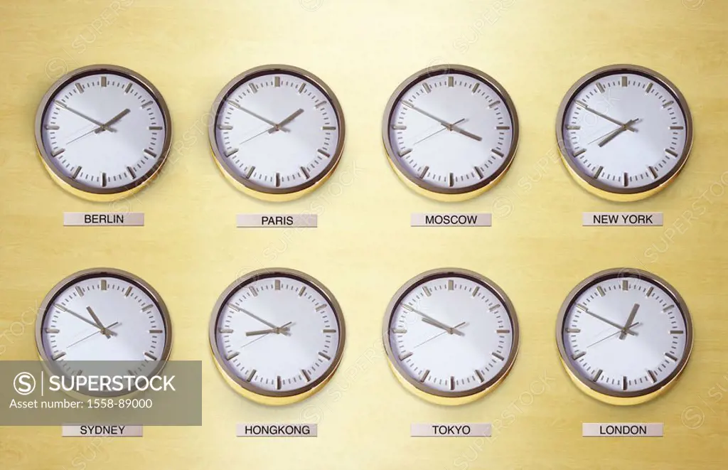 Clocks, metropolises, international, Times, different,   Wall clocks, timers, eight, hangs, side by side, among each other, world time, time-lag, ad, ...
