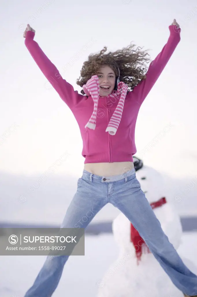 Woman, young, headphones, omitted, Air jump, winters,   Series, 16-18 years, teenagers, teenagers, girls, long-haired, curls, gaze camera, sweaters pi...