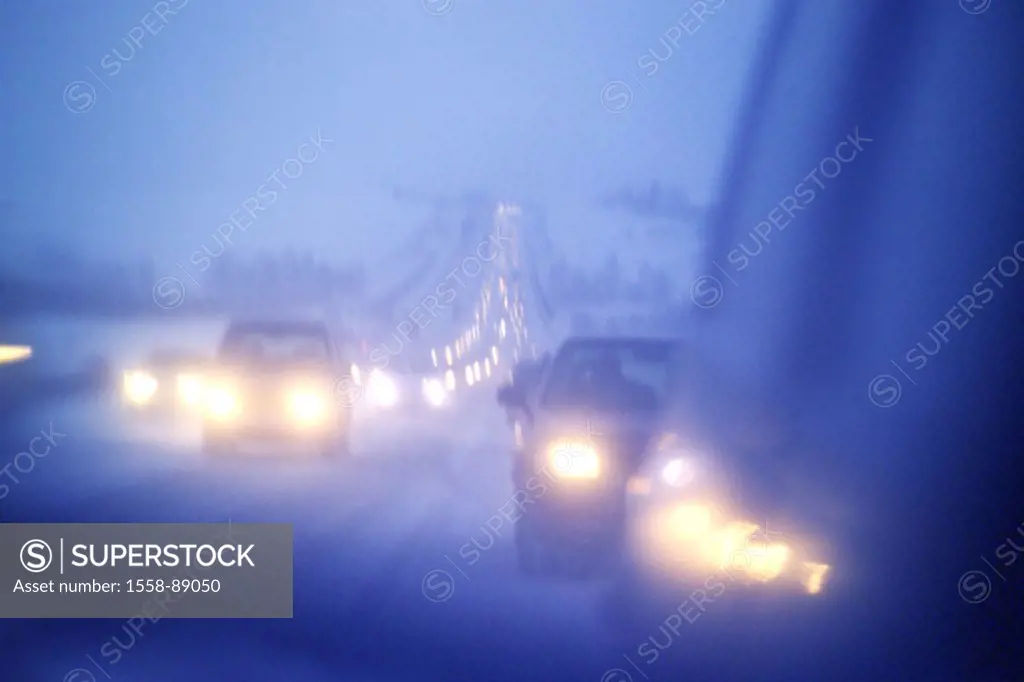 Highway, traffic, street, snow-covered,  Car, gaze, side mirrors, vehicles, Headlights, winters, twilight,  Street, street circumstances, badly, snow,...