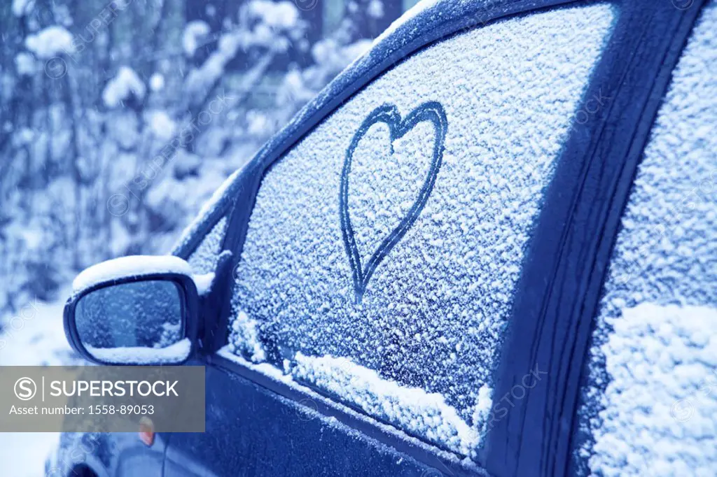 Parking place, car, snow-covered, detail, Side windows, heart, winters,  Abstellplatz, vehicle, private car, auto windows, snow,  Drawing, wintry, col...