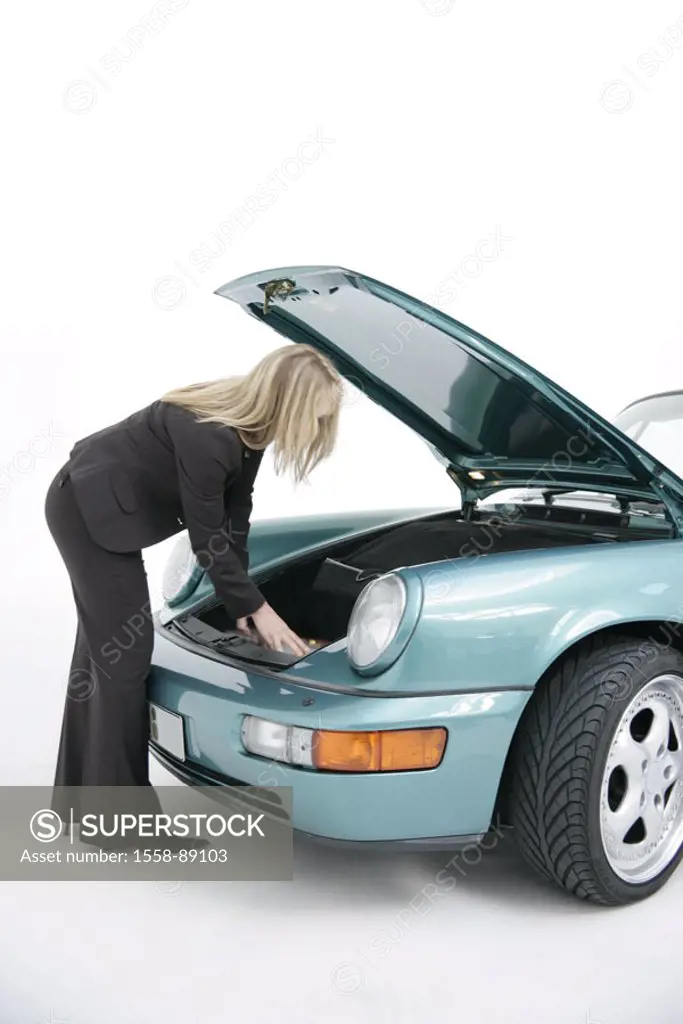 Woman, blond, Porsche, trunk,  frankly, gesture,   Series, 20-30 years, elegantly, car, Cabrio, sport cars, turquoise, motorist, Porschefahrerin, jam ...