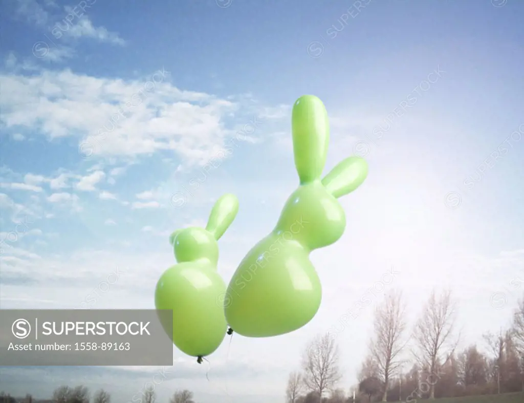 Landscape, hare balloons, flie,  heaven,   Trees, bald, clouds, balloons, hare form, hare balloons, Gasballons, green, freedom, removed hovers, weight...